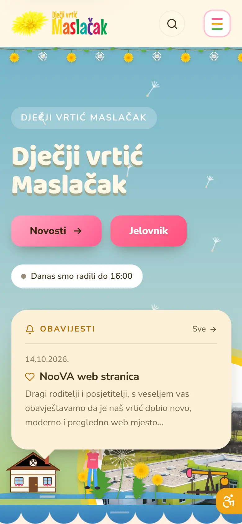 Naslovnica weba Dječji vrtić Maslačak na mobitelu